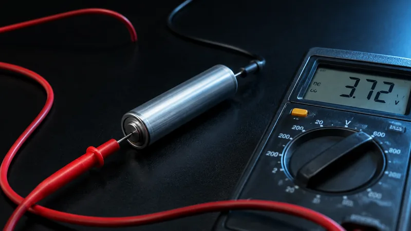 Een batterijcel wordt doorgemeten met een multimeter