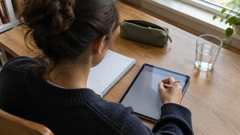 Studente die aantekeningen maakt op een tablet