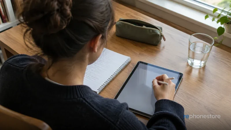 Student taking notes on a tablet