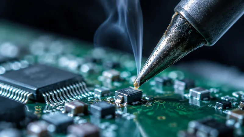 Microsoldeerwerk op een printplaat onder de microscoop