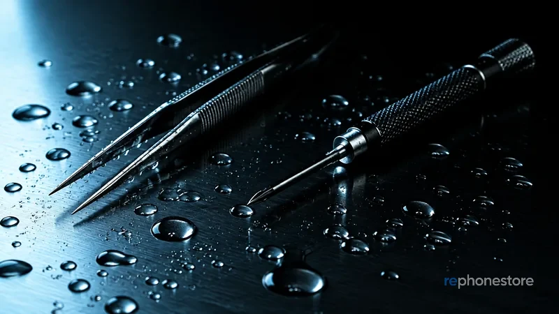 Water droplets and precision tools on a workbench