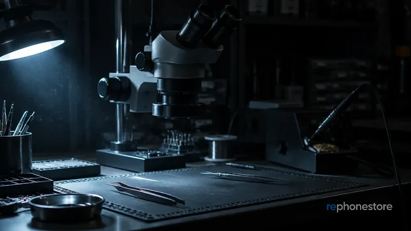 Werkbank met microscoop en soldeerstation in onze werkplaats